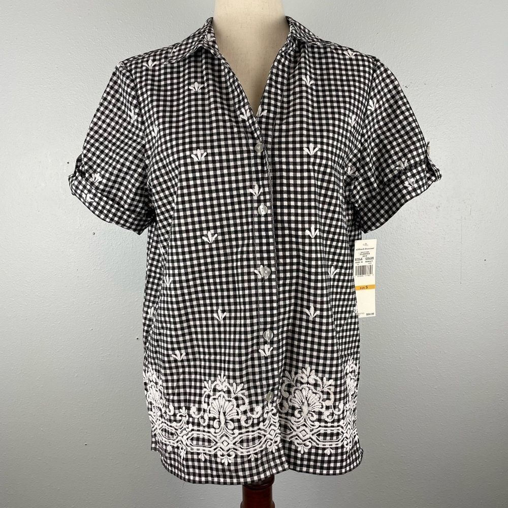 NWT Alfred Dunner Black and White Gingham Button Down Shirt Size S